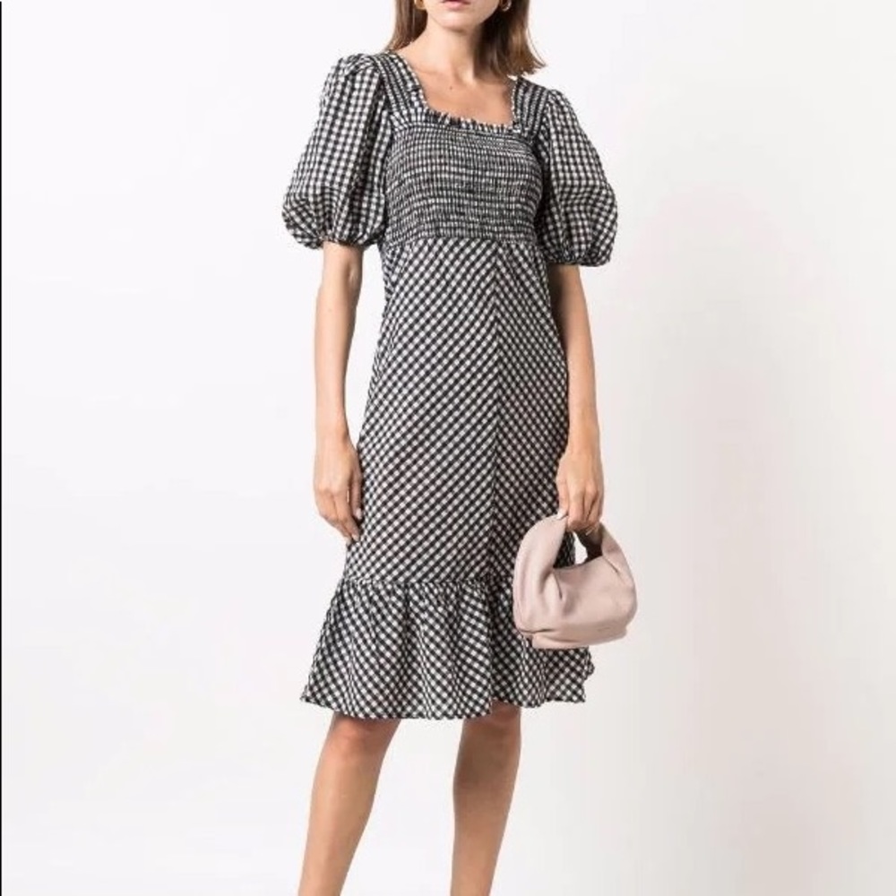 GANNI WOMEN'S SEERSUCKER CHECK MIDI DRESS SMOCKED SQUARE NECK BLACK WHITE